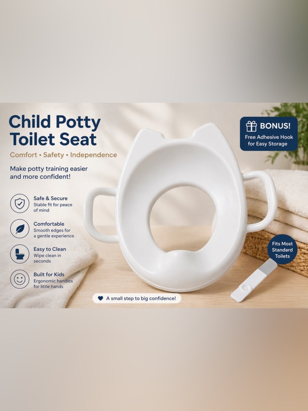 Toddler Potty Training Seat w/ Handles + Hook | White